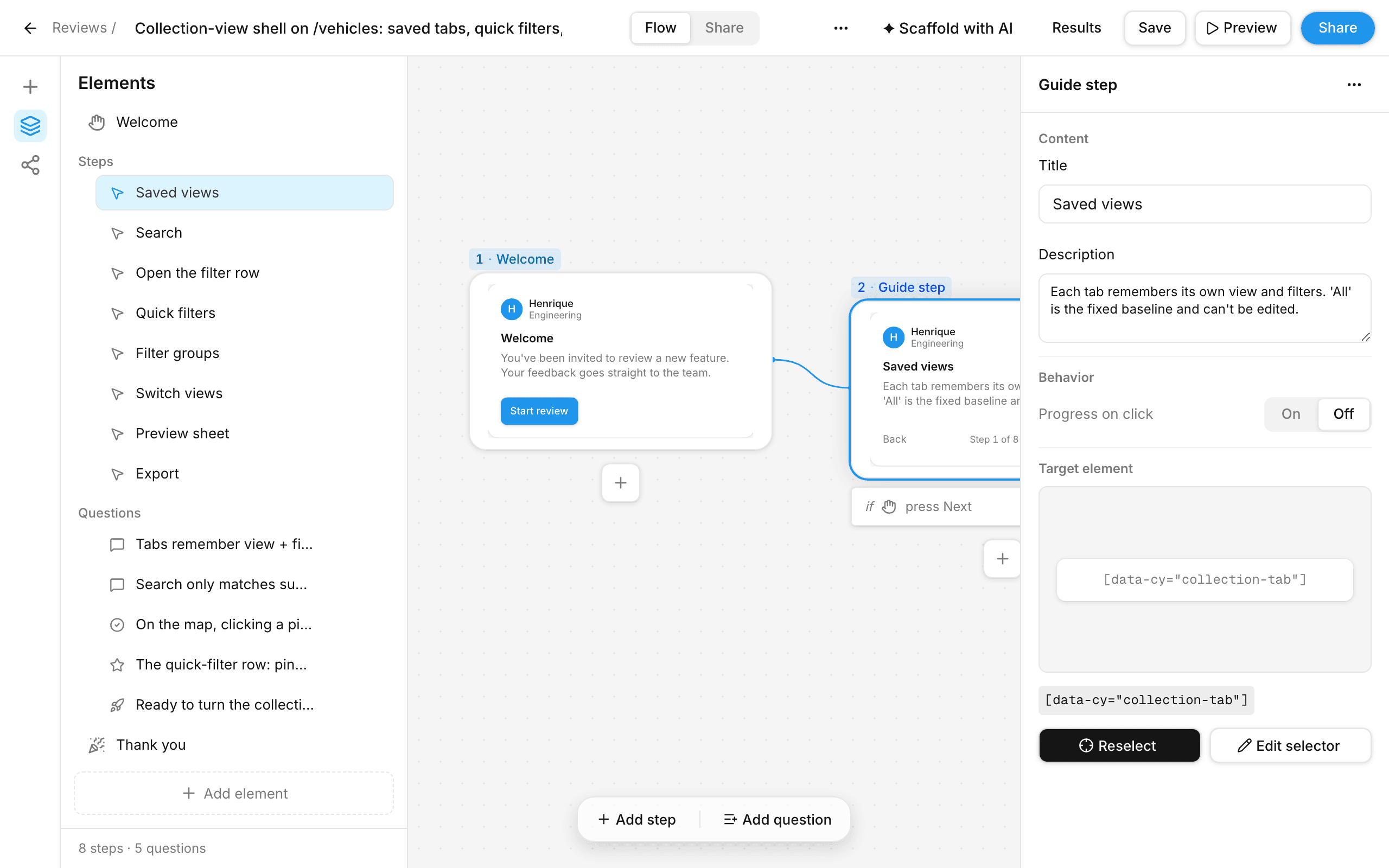 The jogen builder: an element list, the flow canvas with connected step cards, and the step configuration pane.