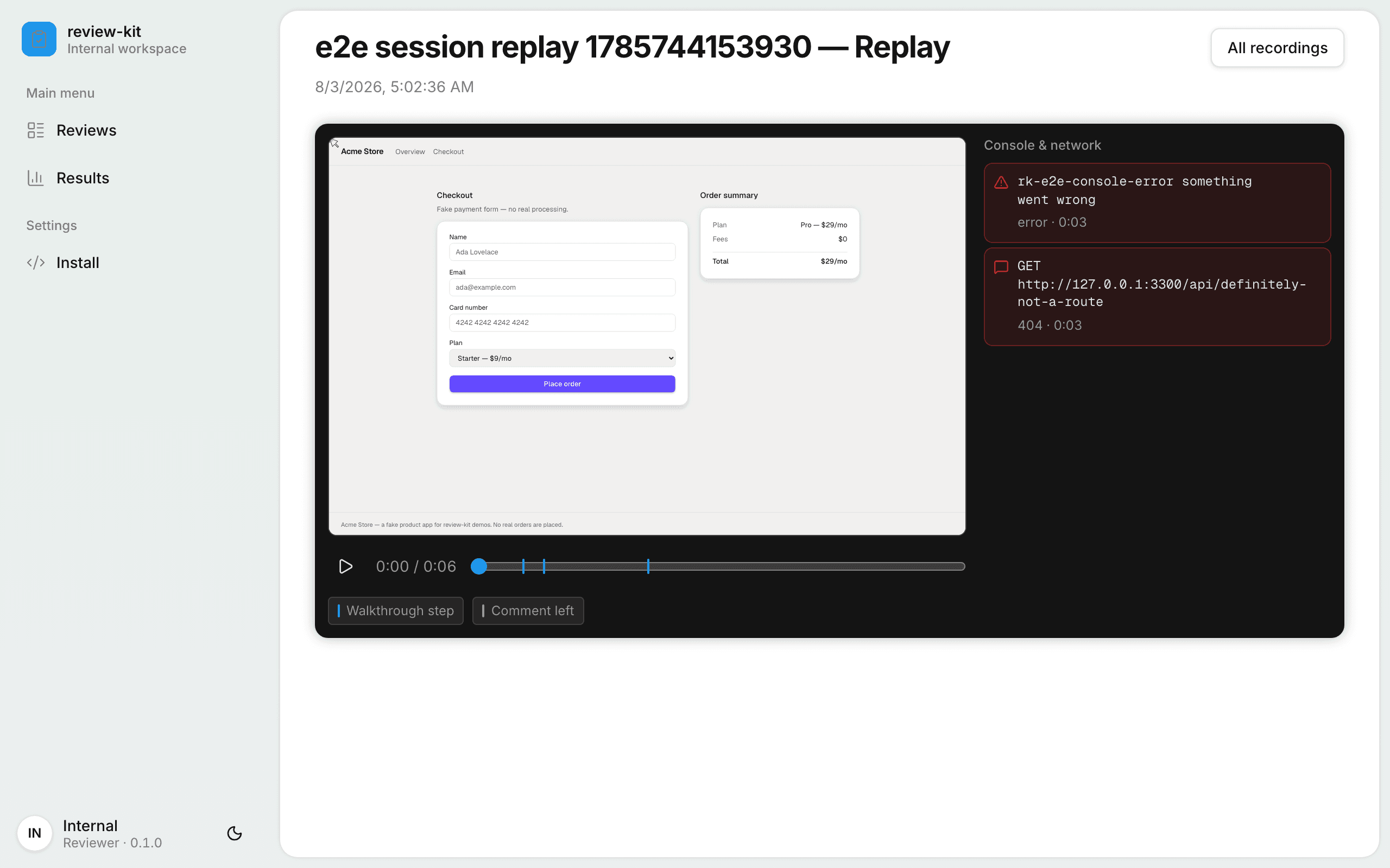 A session replay in jogen: the recorded page on a dark player bezel with a scrub bar, step markers, and a console and network panel.