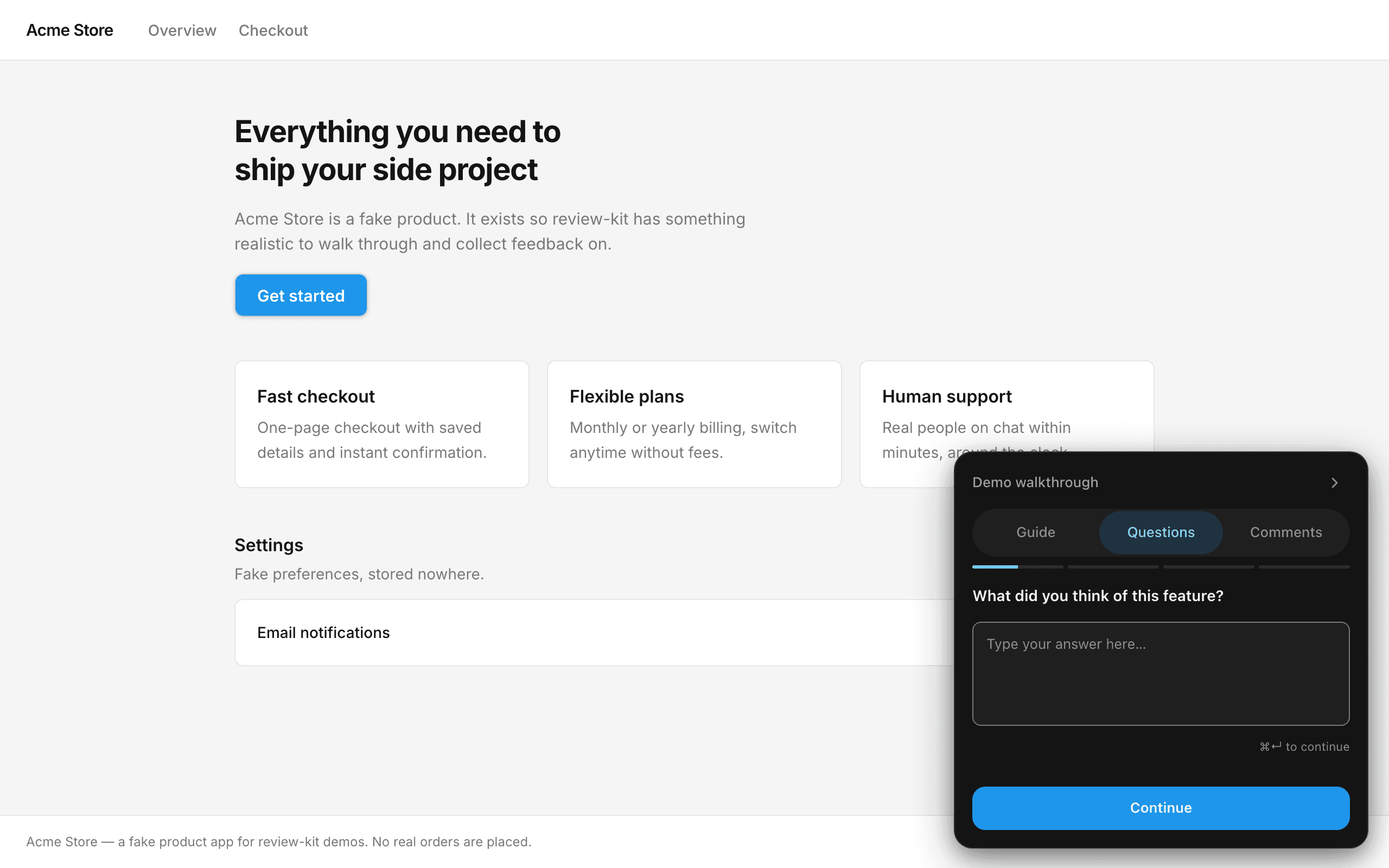 The jogen widget open on a product page, showing the Questions tab with a free-text question and a Continue button.